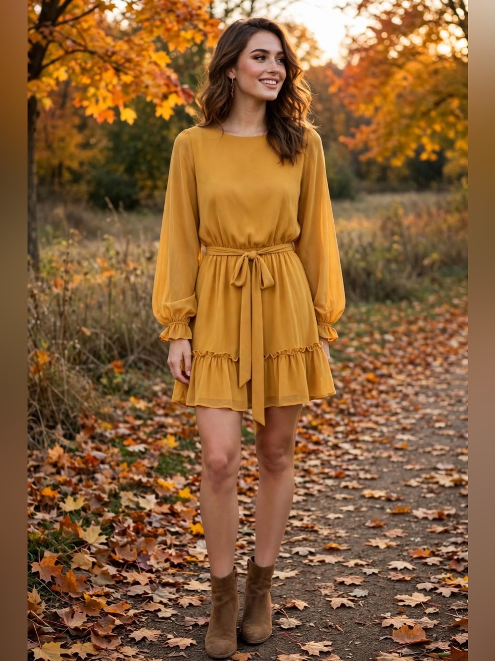 Flying Tomato Mustard Yellow Tie Waist Ruffle Boho Mini Dress M